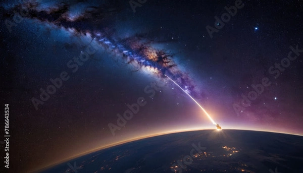 Obraz Rocket spaceship shuttle launch with bright space nebula sky with bright rocket trail of fire and smoke