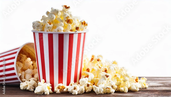 Fototapeta Paper striped bucket with popcorn isolated on white background