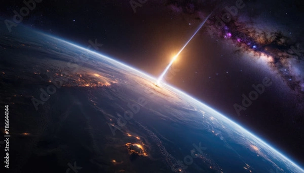 Obraz Rocket spaceship shuttle launch with bright space nebula sky with bright rocket trail of fire and smoke