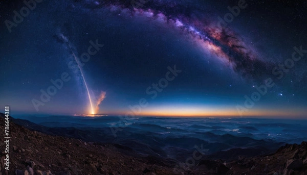 Obraz Rocket spaceship shuttle launch with bright space nebula sky with bright rocket trail of fire and smoke