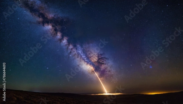 Obraz Rocket spaceship shuttle launch with bright space nebula sky with bright rocket trail of fire and smoke