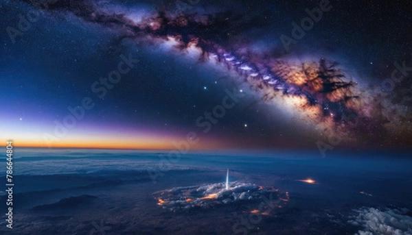 Fototapeta Rocket spaceship shuttle launch with bright space nebula sky with bright rocket trail of fire and smoke