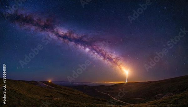 Obraz Rocket spaceship shuttle launch with bright space nebula sky with bright rocket trail of fire and smoke