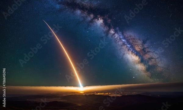 Obraz Rocket spaceship shuttle launch with bright space nebula sky with bright rocket trail of fire and smoke