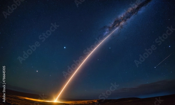 Obraz Rocket spaceship shuttle launch with bright space nebula sky with bright rocket trail of fire and smoke