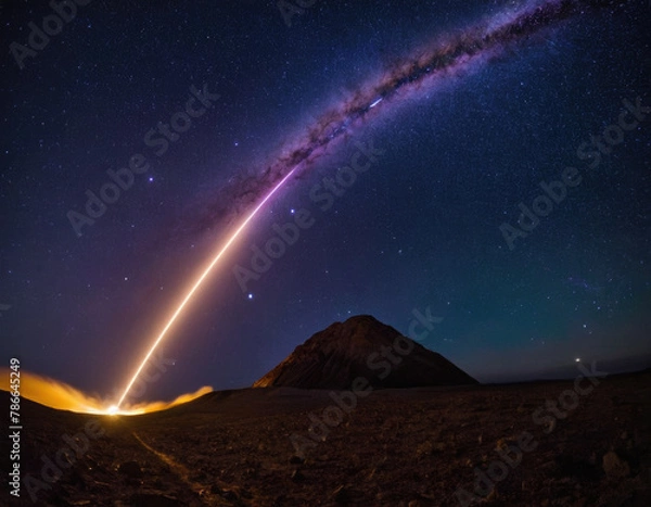 Obraz Rocket spaceship shuttle launch with bright space nebula sky with bright rocket trail of fire and smoke