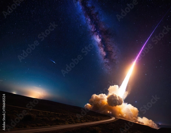 Obraz Rocket spaceship shuttle launch with bright space nebula sky with bright rocket trail of fire and smoke