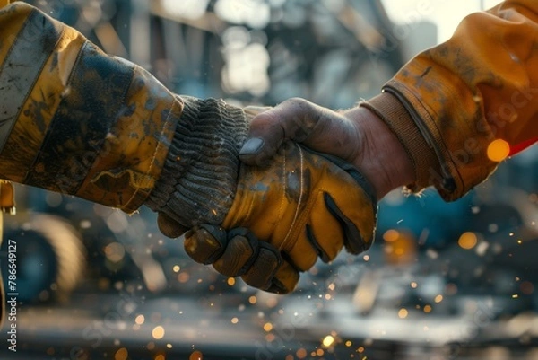 Fototapeta Two construction workers shaking hands with sparks flying, closeup shot of the handshake, focus on their leather gloves and steel frame in the background, in the style of professional photography