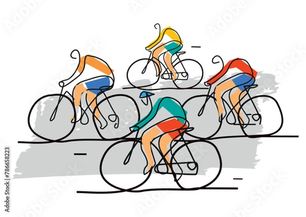 Obraz Cycling race, line art stylized.
 Illustration of group of cyclists on a road. Continuous Line Drawing. Vector available.	