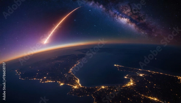 Fototapeta Comet on the planet Earth orbit