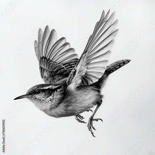 Fototapeta Hand Drawn Pencil Sketch Illustration of a Wren Bird in Flight. Black and White Composition on a White Background.