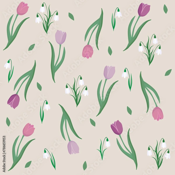 Fototapeta Seamless floral pattern with lilac, pink and purple tulips, snowdrops and leaves.Spring vector illustration on beige background. For wrapping, textile, backgrounds, posters.
