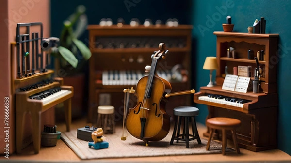Obraz A tiny music studio with miniature instruments, recording equipment, and tiny musicians creating a small-scale symphony - AI