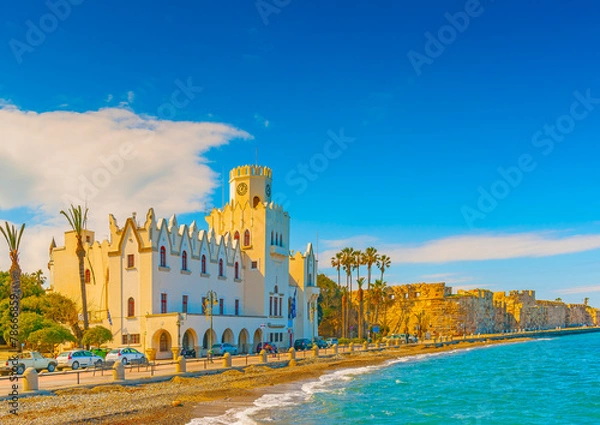 Fototapeta beautiful bay and the municipal building in Kos island in Greece