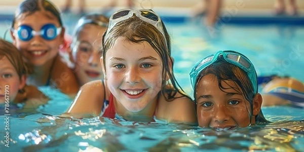 Obraz Group of happy kids learning swimming in indoor summer pool. Happy children kids group at swimming pool class learning to swim, happy summer vacation.