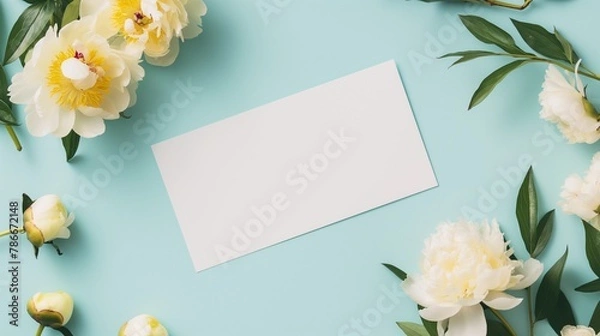 Fototapeta Blank white paper card isolated on white yellow peony flowers frame on fresh graceful light blue background, mock up of greeting card, wedding invitation with copy space.