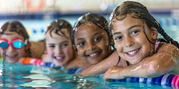 Obraz Group of happy kids learning swimming in indoor summer pool. Happy children kids group at swimming pool class learning to swim, happy summer vacation.