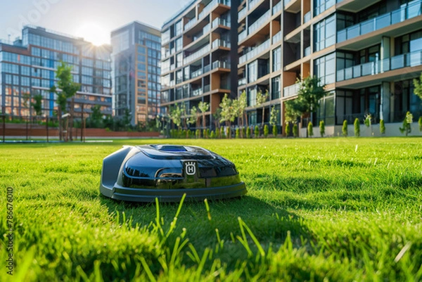 Fototapeta Automatic robotic lawn mower moving on green lawn near modern residential apartment building houses. Automated smart grass lawn mower robot working in sunny summer day. Urban city background
