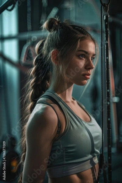Fototapeta A woman with a ponytail working out in a gym. Suitable for fitness and lifestyle concepts