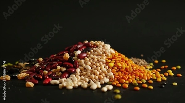 Fototapeta Various beans piled on a black background. Ideal for food and nutrition concepts