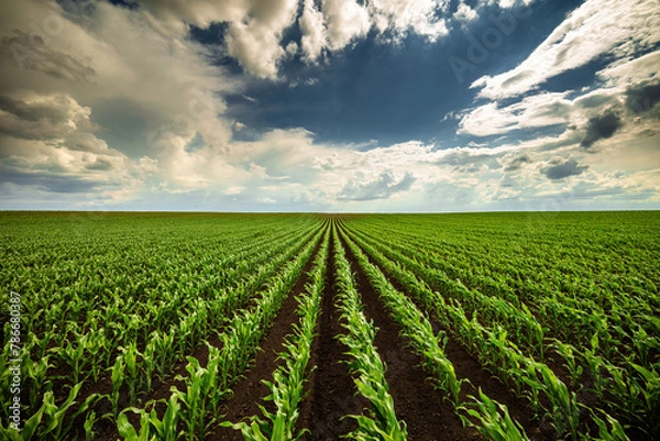 Fototapeta Expansive view of a green corn field stretching into the horizon under a dramatic cloudy sky