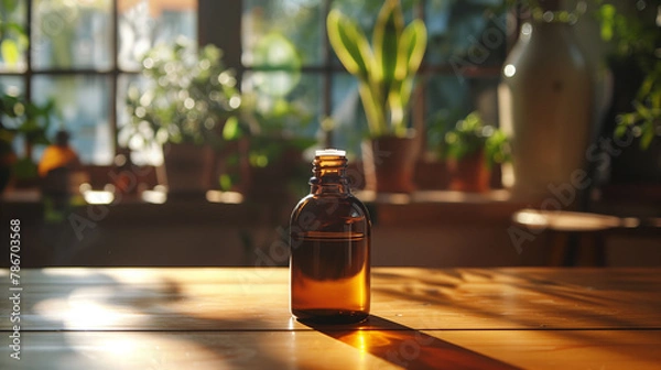 Fototapeta A bottle of essential oil sits on a wooden table in a room with plants