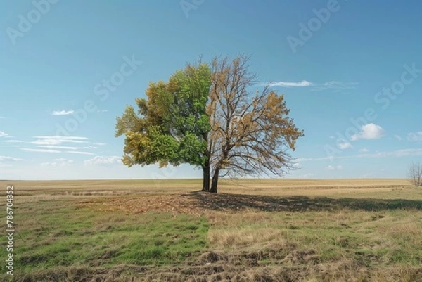Fototapeta Tree in ecology and drought concept. Climate change and record heat. Background with selective focus