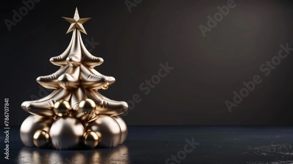 Fototapeta Modern Golden Christmas Tree on Dark Background with Copy Space