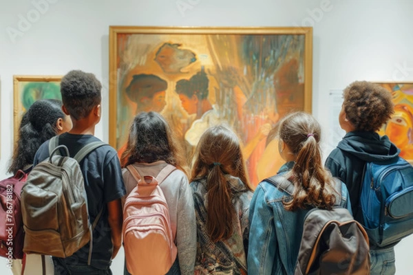 Obraz Multi ethnic group of school students looking modern art gallery. Exhibition of abstract painting. School excursion.
