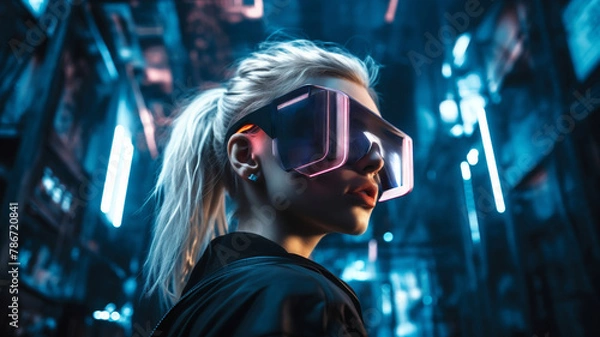 Fototapeta Stylish woman in trendy VR glasses reflecting multicolored lights of cyberpunk cityscape
