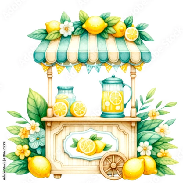 Fototapeta Summer Lemonade Stand and Festive Decorations Clipart, This collection features summer-inspired lemonade stand clipart with vibrant decorations, refreshing drinks, and citrus-themed cakes