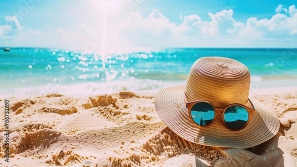 Obraz Straw hat and sunglasses on sandy beach under sunny sky