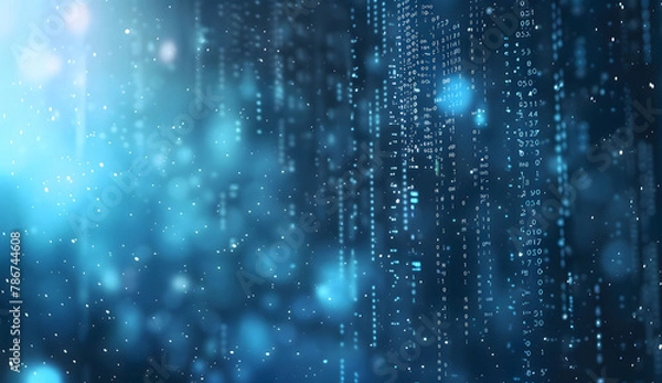 Fototapeta Blue binary code background with bokeh lights and digital numbers