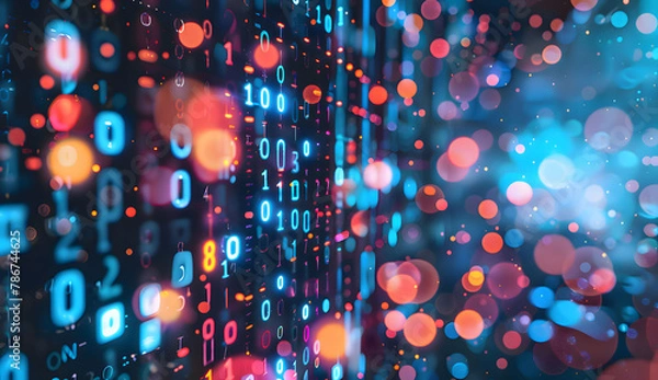 Obraz Digital numbers and bokeh lights on blue binary code background