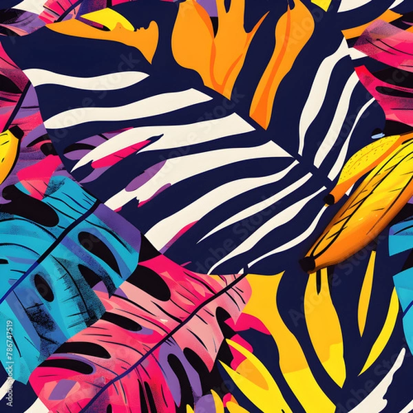 Fototapeta pattern with colour full feathers and zebra print black and white texture AI generated 