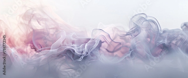 Fototapeta A haze of smoke drifts across a white background, its gentle waves tinged with hues of light pink and soft grey. In the center of the image, the colors merge seamlessly.