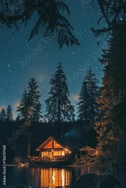 Fototapeta A remote wilderness lodge with cozy cabins, crackling campfires, and starry skies, offering a true escape into nature's embrace, Generative AI