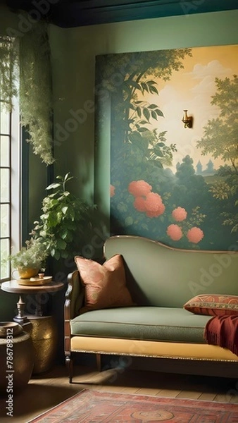 Fototapeta Vertical background of an Interior Design: Eclectic Elegance, image for cellphone, mobile phone, instagram, stories, ios, android