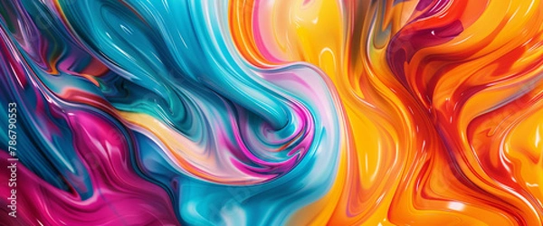 Fototapeta Experience the beauty of fluidity with this AI-generated image. The background features abstract colorful wave patterns, where twisted colored waves ebb and flow in a captivating dance of motion. 