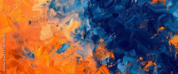 Fototapeta Experience the dynamic energy of abstract expressionism with this AI-generated image. Bursts of tangerine orange and deep indigo explode across a blank backdroP