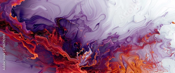 Obraz Experience the enchantment of abstract expressionism with this AI-generated image. Cascades of fiery red and deep lavender cascade down a pristine white surface, their vibrant hues blending 
