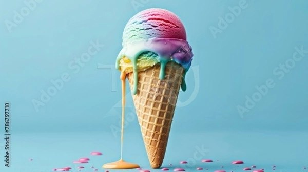 Fototapeta Vivid melting ice cream cone overflows with color, AI Generative.