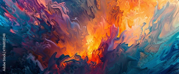 Fototapeta Bursts of tangerine orange and deep indigo erupt across a blank backdrop, their intense hues blending and morphing into an abstract landscape of captivating beauty and intrigue.