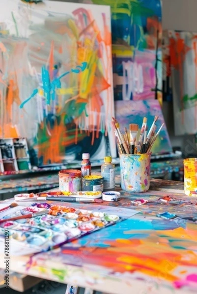 Obraz A vibrant art studio with colorful paint palettes, bold brush strokes, and abstract canvases, Generative AI