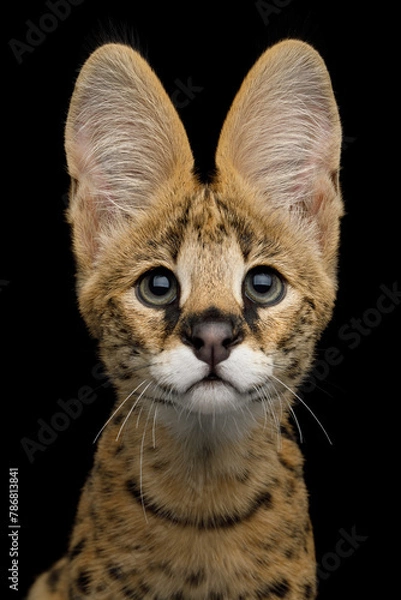 Fototapeta Closeup Portrait of Serval Cat gazing, isolated on Black Background in studio, front view