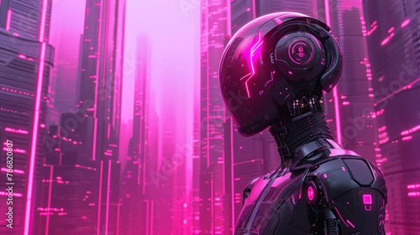 Fototapeta A dark colored robot looking out over a city with a pink atmosphere.