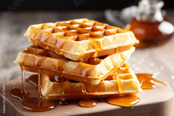 Obraz  Homemade Belgium waffles with maple syrup