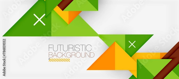 Fototapeta A futuristic design featuring colorfulness with green and orange triangles on a white background. The product showcases symmetry, patterns, and sleek lines