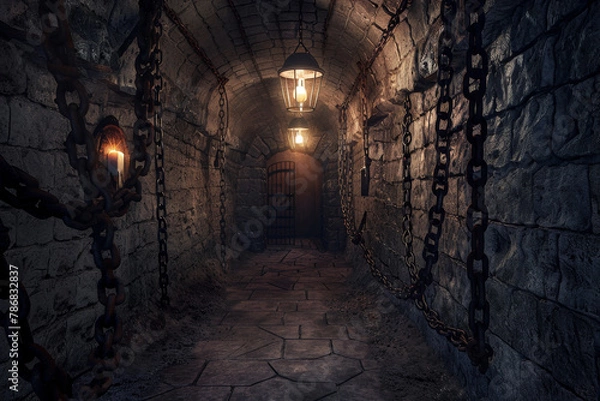 Fototapeta A dark, narrow tunnel with chains hanging from the ceiling