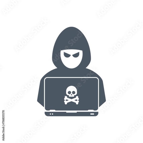 Fototapeta Flat illustration of hacker at laptop vector icon for web design. Hacker at laptop icon.